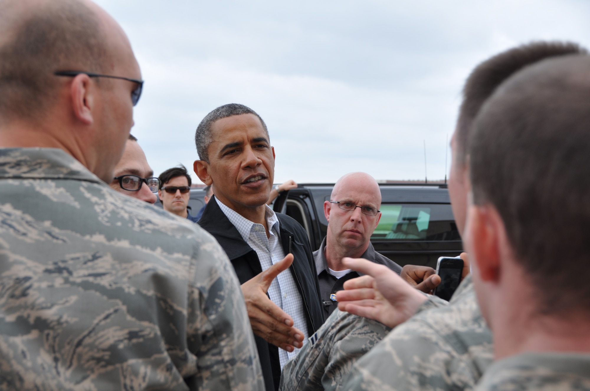 TINKER AIR FORCE BASE, Okla.--President Barack Obama greets Team Tinker Airmen affected by the EF-5 Tornado and first responders here May 26. (U.S. Air Force Photo by Maj. Jon Quinlan)