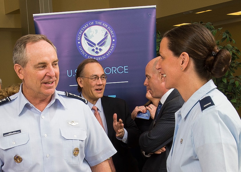Air Force Chief of Staff Gen. Mark A. Welsh III (left) talks with 1st Lt. Sarah Batzer-Frye before the start of the Airmen's panel during the annual National Security Scholars Conference being held at Joint Base Andrews, Md., May 16, 2013. Batzer-Frye, a critical care nurse working for the tri-service team at Fort Belvoir Community Hospital, Fort Belvoir, Va., along with Tech. Sgt. Jason Sitzes, an evaluator flight engineer assigned to the 1st Helicopter Squadron, 11th Wing, Joint Base Andrews, Md., and Staff Sgt. Jennifer Powell, a pallbearer with the U.S. Air Force Honor Guard at Joint Base Anacostia-Bolling, Washington, D.C., talked about their experiences in the Air Force then answered questions from the conference attendees.  Jointly hosted by the Secretary of the Air Force Michael Donley and Welsh, the annual forum brings Air Force senior leaders and foreign policy and international security experts together to discuss the Air Force's strategic direction and its contribution to national defense. (U.S. Air Force photo by Jim Varhegyi)