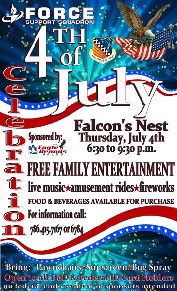 Homestead Air Reserve Base will host a free 4th of July celebration from 6:30 p.m. to 9:30 p.m. The free celebration will feature a fireworks show, live music, amusement rides, and food and beverages available for purchase. The celebration is open to all Department of Defense and federal identification card holders. Attendees are encouraged to bring lawnchairs, sunscreen and bug spray. For more information, call (786) 415-7167. (courtesy graphic)