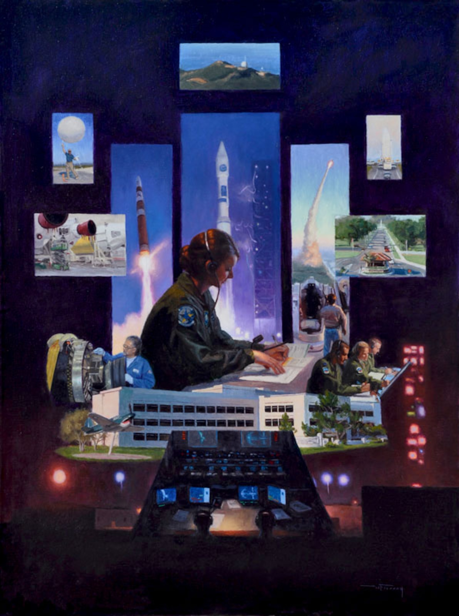 This painting by Maj. Warren Neary is amongst the many paintings in the Air Force Art Collection.  This one is titled “Space Country: Vandenberg, Past, Present & Future.”  The painting depicts various space operations at Vandenberg AFB, Calif. (Courtesy Photo)