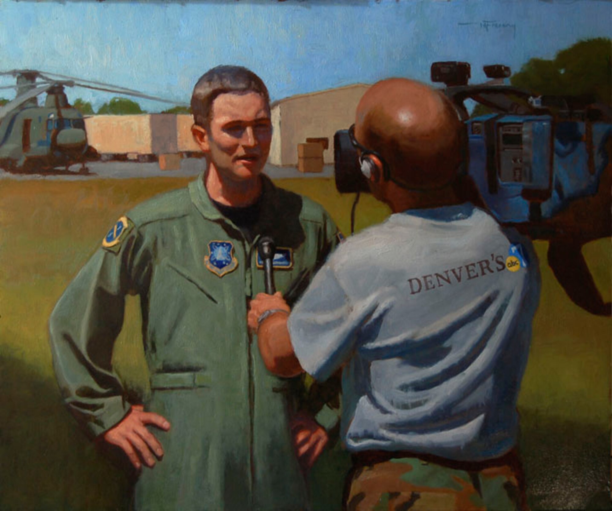 This painting by Maj. Warren Neary is amongst the many paintings in the Air Force Art Collection.  This one is titled “AFSPC PA Support—JTF Katrina Hurricane Relief –Biloxi, Miss.”  The painting depicts a Denver embedded media member interviewing an AFSPC helicopter crew member after a search and rescue mission in the Biloxi area in early Sept. 2005. This was the first time Air Force Space Command Airmen deployed in support of a humanitarian crisis within the U.S. (Courtesy Photo)