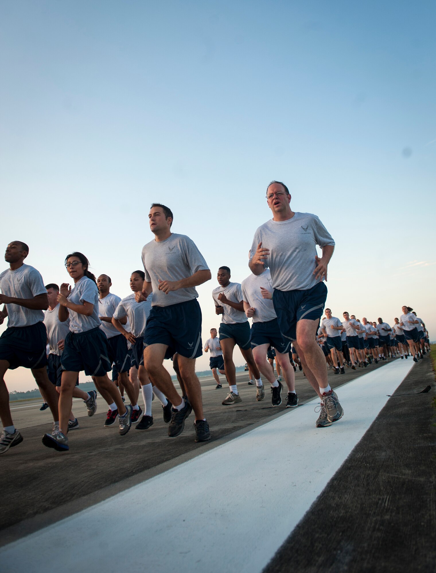 Moody Airmen participate in a 2.3-mile run as part of Comprehensive Airman Fitness Day at Moody Air Force Base, Ga., May 17, 2013. After the run, Airmen split up for unit activities geared toward spiritual fitness. (U.S. Air Force photo by Senior Airman Jarrod Grammel/Released)
