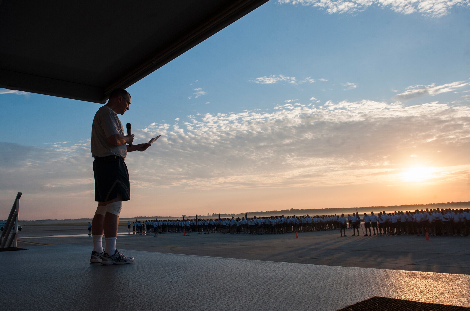 U.S. Air Force Chaplain (Lt. Col.) Stephen Voyt, 23d Wing chaplain, speaks before the start of a 2.3-mile run at Moody Air Force Base, Ga., May 17, 2013. The run was the start of a Comprehensive Airman Fitness (CAF) Day focusing on the spiritual pillar of CAF. (U.S. Air Force photo by Senior Airman Jarrod Grammel/Released)
