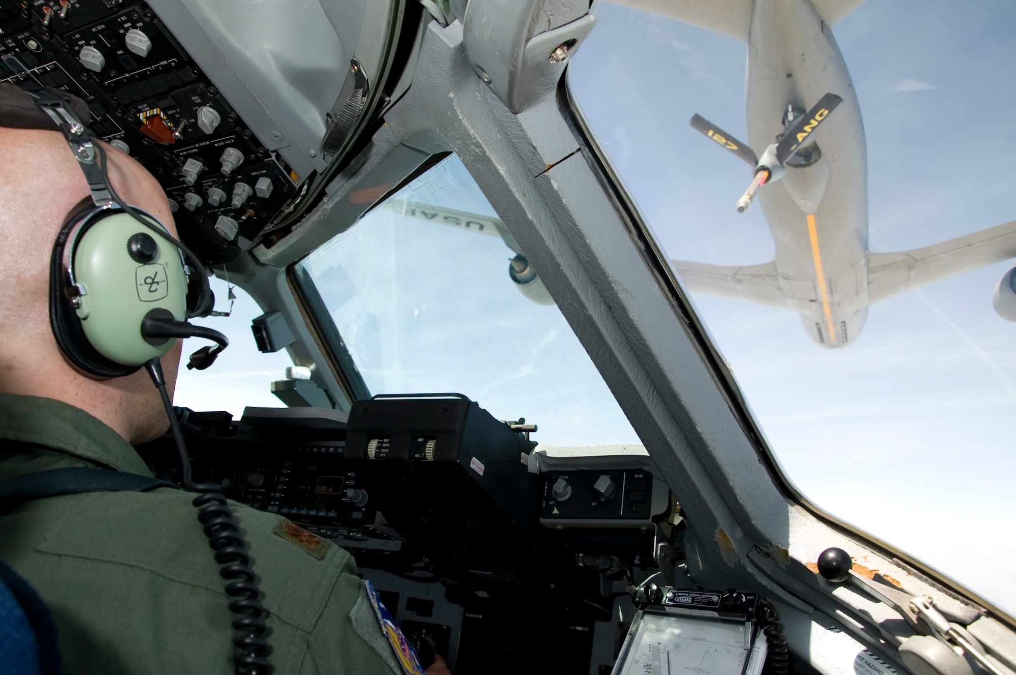 Maj. Eric Kut, 3rd Airlift Squadron assistant director of operations, lines up and prepares the C-17 Globemaster III in preparation for aerial refueling with a KC-135 Stratotanker from the 127th Air Refueling Group Selfridge Air National Guard Mich., May 17, 2013, over Colorado. After departing Dover Air Force Base, Del., refueling took place in preparation for fly-away tactics trainer being conducted in Colorado. (U.S. Air Force photo/Senior Airman Jared Duhon)
