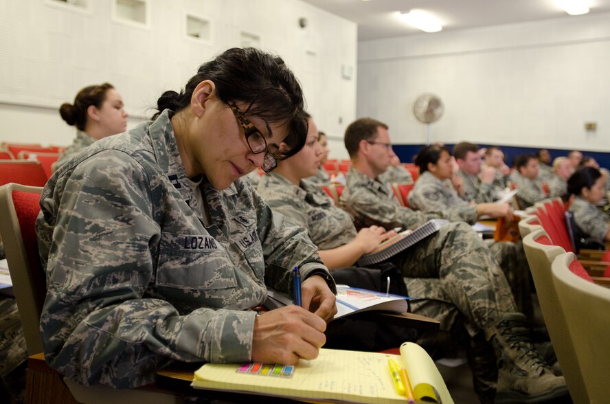 U.S. Air Force Capt. Alicia Lozano, assigned to the California National Guard’s Homeland Response Force (HRF), takes notes during a hazardous materials course at Naval Base Coronado, Calif., May 20, 2013. More than 100 Airmen from the Missouri and California National Guard’s HRF received emergency response training on natural disasters and domestic terrorist attacks. (U.S. Air National Guard photo by Tech. Sgt. Michael Crane/Released)