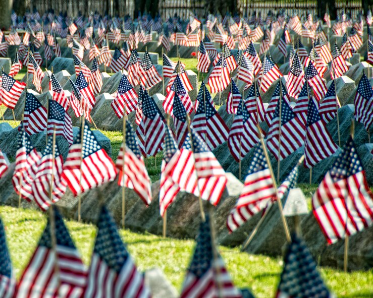 American flags placed on veteran’s graves during a Memorial Day ceremony held at Forest Lawn Cemetery, May 27, 2013, Buffalo, NY. During the morning ceremony volunteers placed thousands of flags next to the graves of the men and woman who served in the United States military. (U.S. Air Force photo by Tech. Sgt. Joseph McKee)
