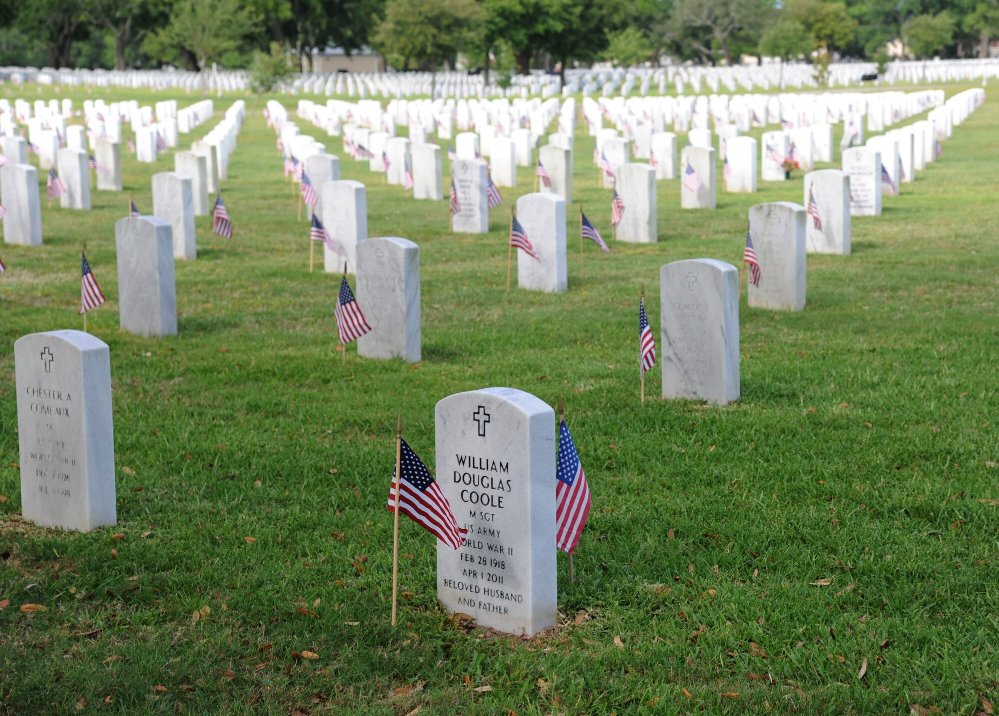 U.S. flags are posted by the headstones at the Biloxi National Cemetery where a Memorial Day ceremony took place May 27, 2013.  Brig. Gen. Brad Spacy, 81st Training Wing commander, was the keynote speaker for the event where he talked to more than 200 community representatives, veterans and family members attend about the many sacrifices made by veterans and the price of freedom today.   The Keesler Honor Guard also participated in the event.  (U.S. Air Force photo by Kemberly Groue)