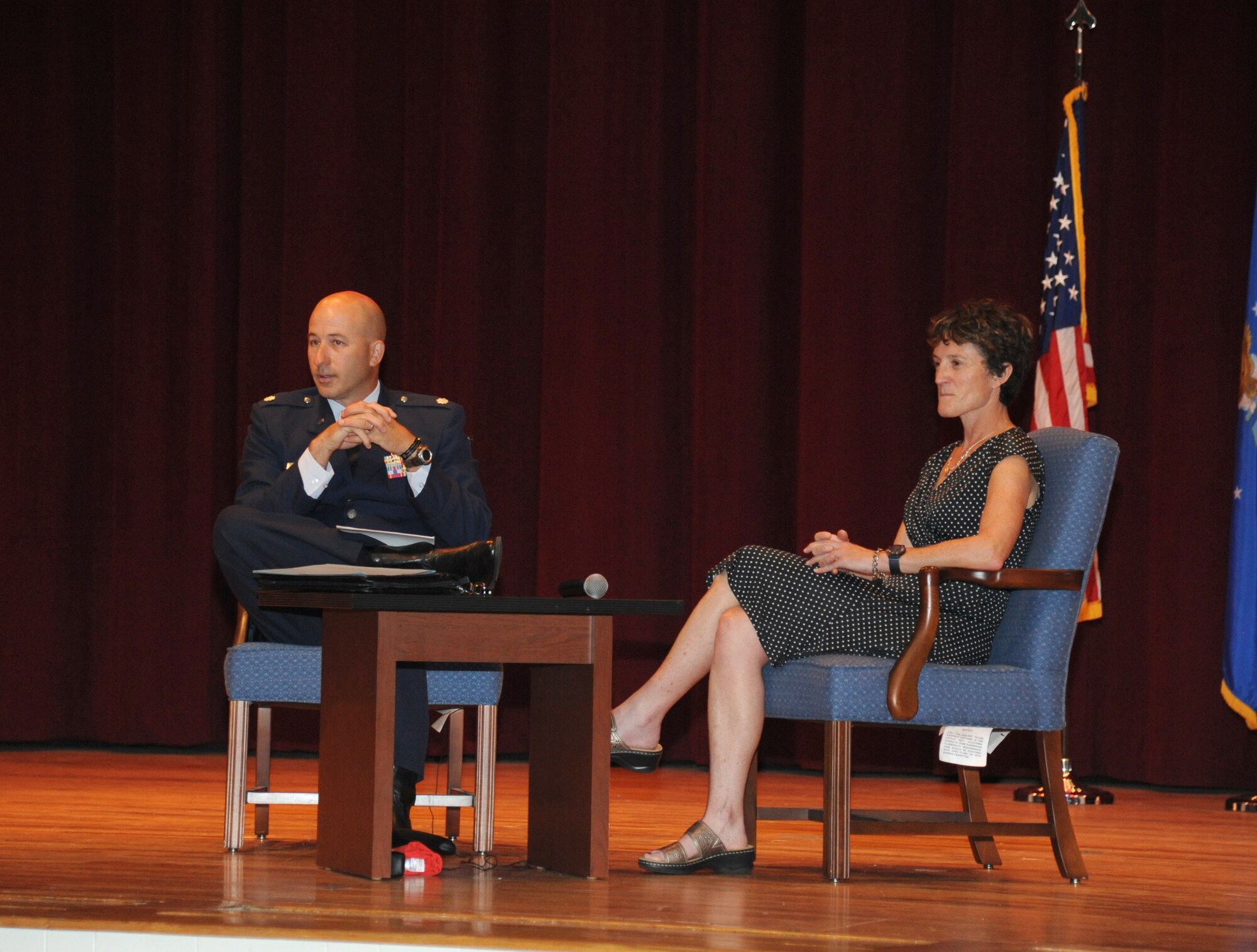 Lt. Col. Paul Griffin, 336th Training Squadron commander, conducts an interview-style discussion with Linda Ambard, widow of Maj. Phil Ambard, on resiliency and wingmanship to students in the 336th TRS May 24, 2013, at the Welch Theater, Keesler Air Force Base, Miss.  Ambard related the challenges she’s faced with the adversity the young Airmen will likely encounter and overcome in their careers.  (U.S. Air Force photo by Kemberly Groue)