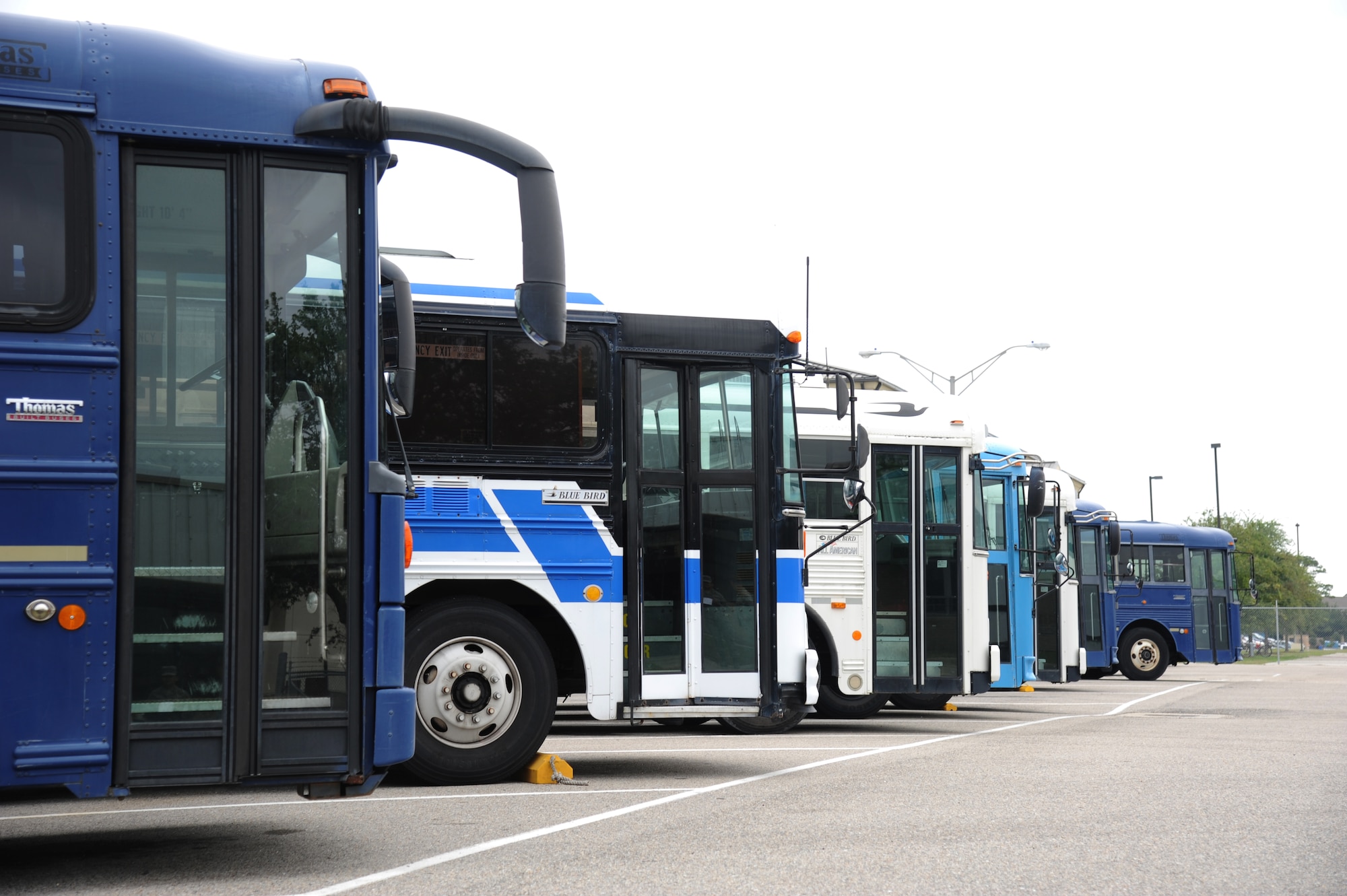 Buses are parked in the bus yard at vehicle operations May 23, 2013, at Keesler Air Force Base, Miss.  One of the flight’s duties is transporting Airmen around base.  (U.S. Air Force photo by Kemberly Groue)