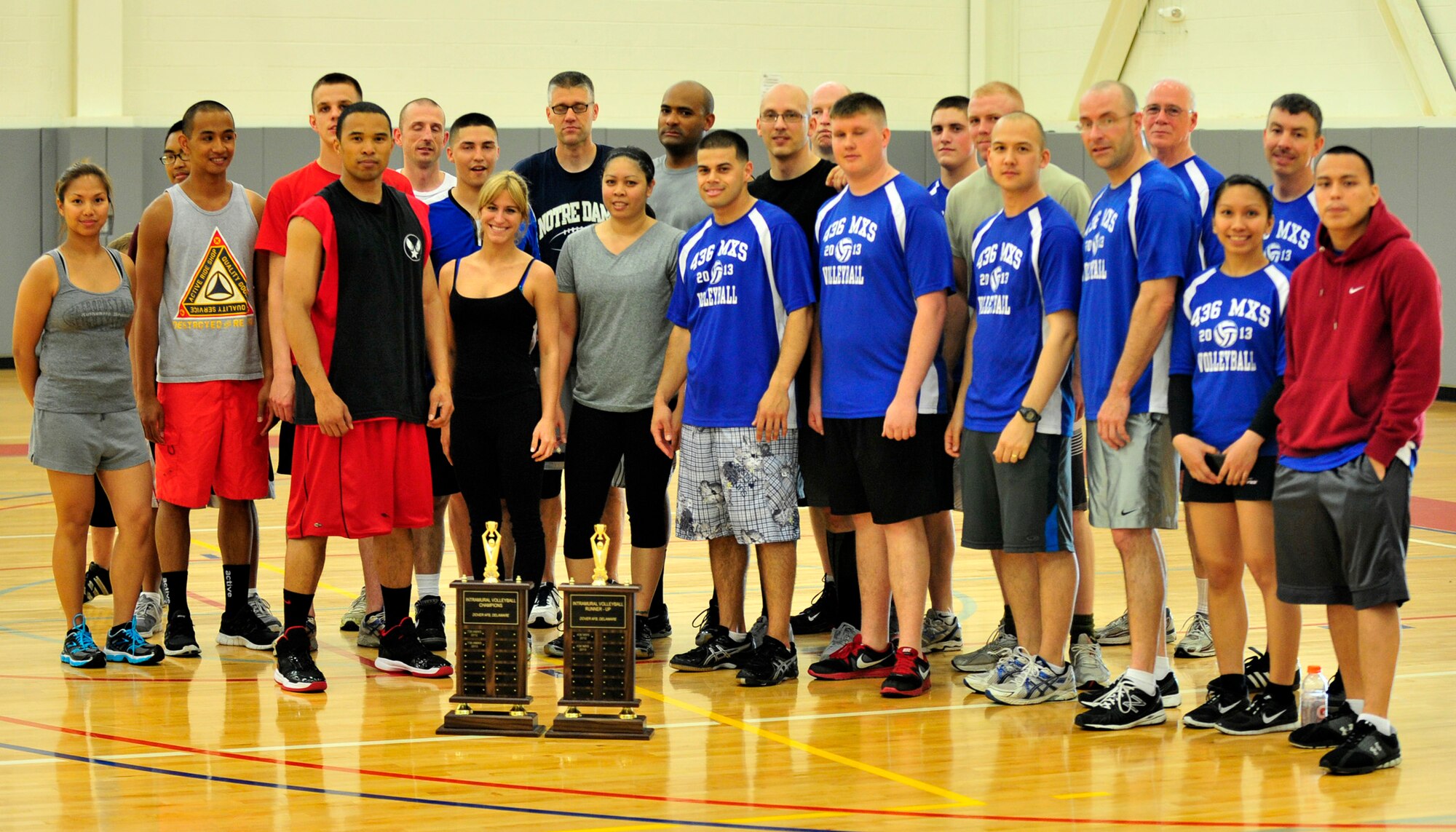 Players from both the 736th Aircraft Maintenace Squadron and the 436th Maintenance Squadron pose behind their trophies following the intramural volleyball championship game May 21, 2013, at the fitness center on Dover Air Force Base, Del. The 736th AMXS defeated the 436th MXS 25-19, 14-25 and 17-15, to win the title for the third year in a row. (U.S. Air Force photo/Tech. Sgt. Chuck Walker)
