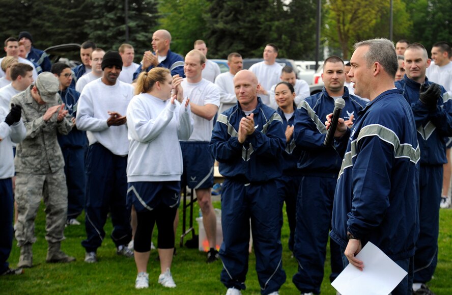 Col. Brian Newberry, 92nd Air Refueling Wing commander, speaks at the wing run as part of “101 critical days of summer” at Fairchild Air Force Base, Wash., May 23, 2013. Newberry focused on the importance of safety during these critical days. (U.S. Air Force photo by Airman 1st Class Ryan Zeski)