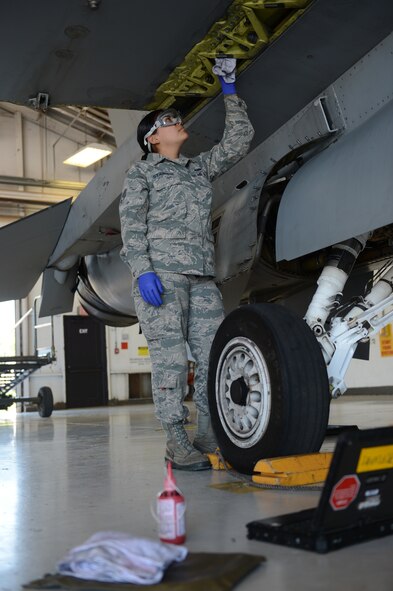 Senior Airman Jade Starmer, 20th Component Maintenance Squadron aircraft fuel system technician, evaluates a fuel leak on an F-16 Fighting Falcon, May 15, 2013, Shaw Air Force Base, S.C. When the fuels system malfunctions the aircraft can have problems balancing, sustaining the engine and preventing fuel from rolling to the engine. (U.S. Air Force photo by Airman 1st Class Krystal M. Jeffers/Released)
