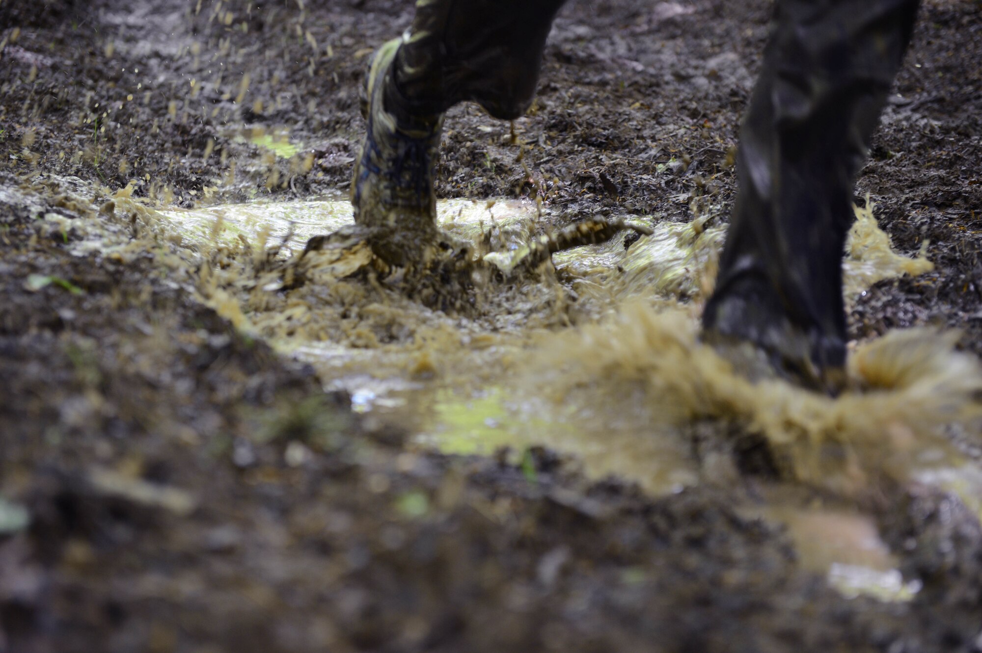 SPANGDAHLEM AIR BASE, Germany - Tier II Saber Sprint participants run through mud-filled trails May 24, 2013. More than 130 people participated in the third annual Tier II Saber Sprint. Private organizations from around the base worked together to build the obstacles for runners. (U.S. Air Force photo by Airman 1st Class Kyle Gese/Released) 