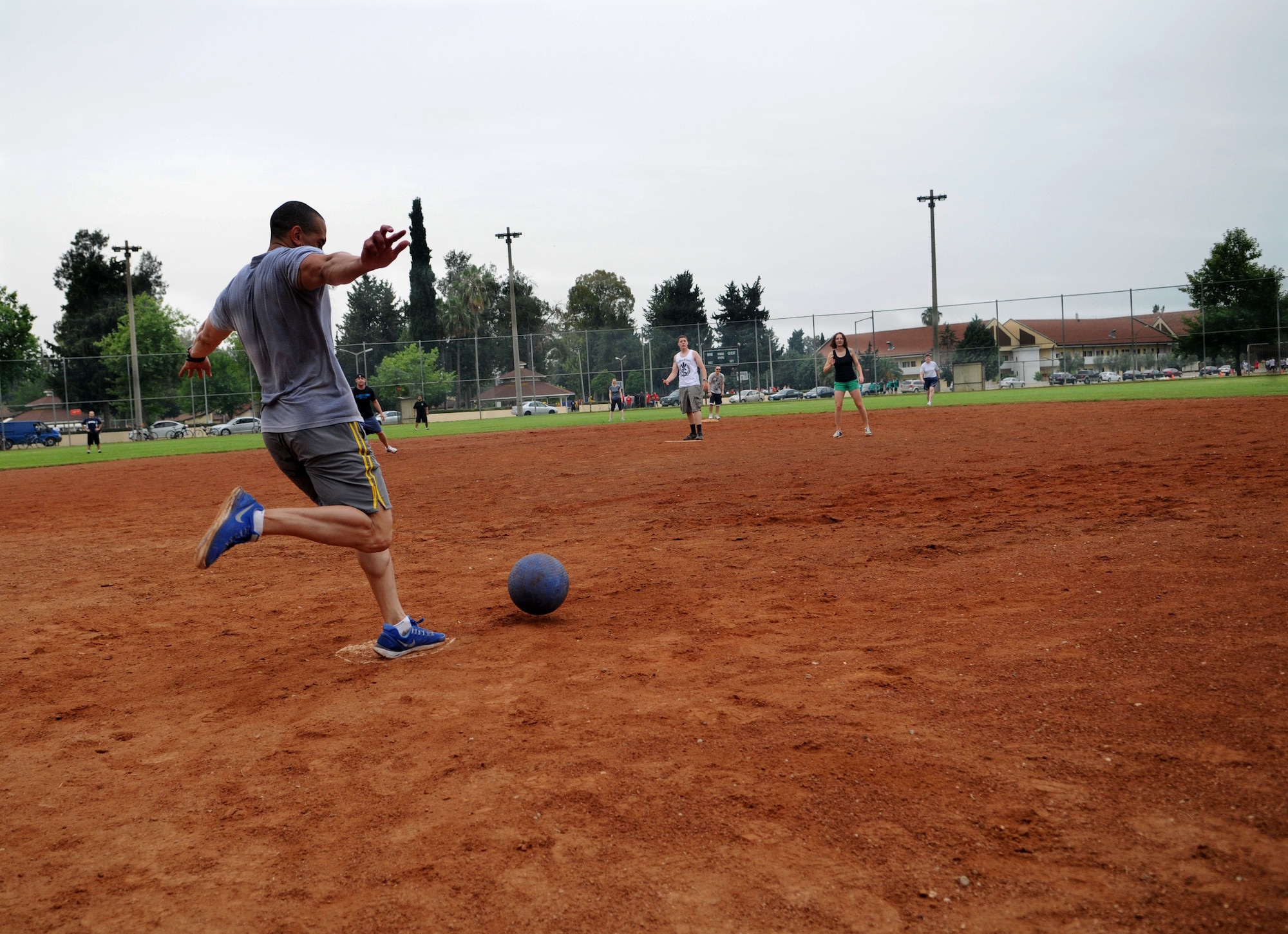 The 39th Security Forces Squadron and 39th Air Base Wing wing staff agency play kickball during the 39th Air Base Wing Sports Day May 24, 2013, at Incirlik Air Base, Turkey. The 39th SFS team won the game 15-2. (U.S. Air Force photo by Senior Airman Jarvie Z. Wallace/Released)  