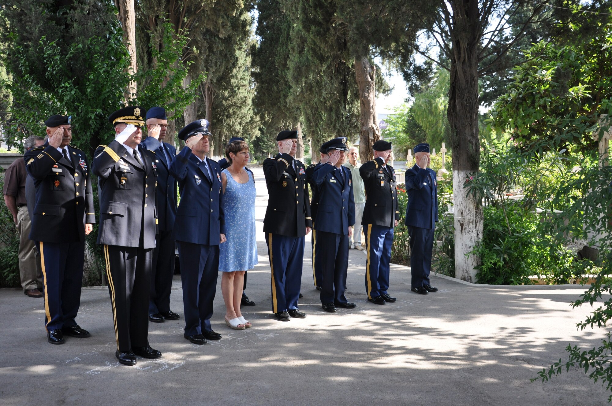 The Izmir US military community recognize US Memorial Day to honor fallen 
warriors with a joint service wreath laying ceremony at Karabaglar Pasa Köprü Cemetery May 27, 2013, in Izmir, Turkey. A memorial service at the Izmir Chapel followed the wreath-laying ceremony. (U.S. Air Force photo by Tanju Varlikli/Released)
