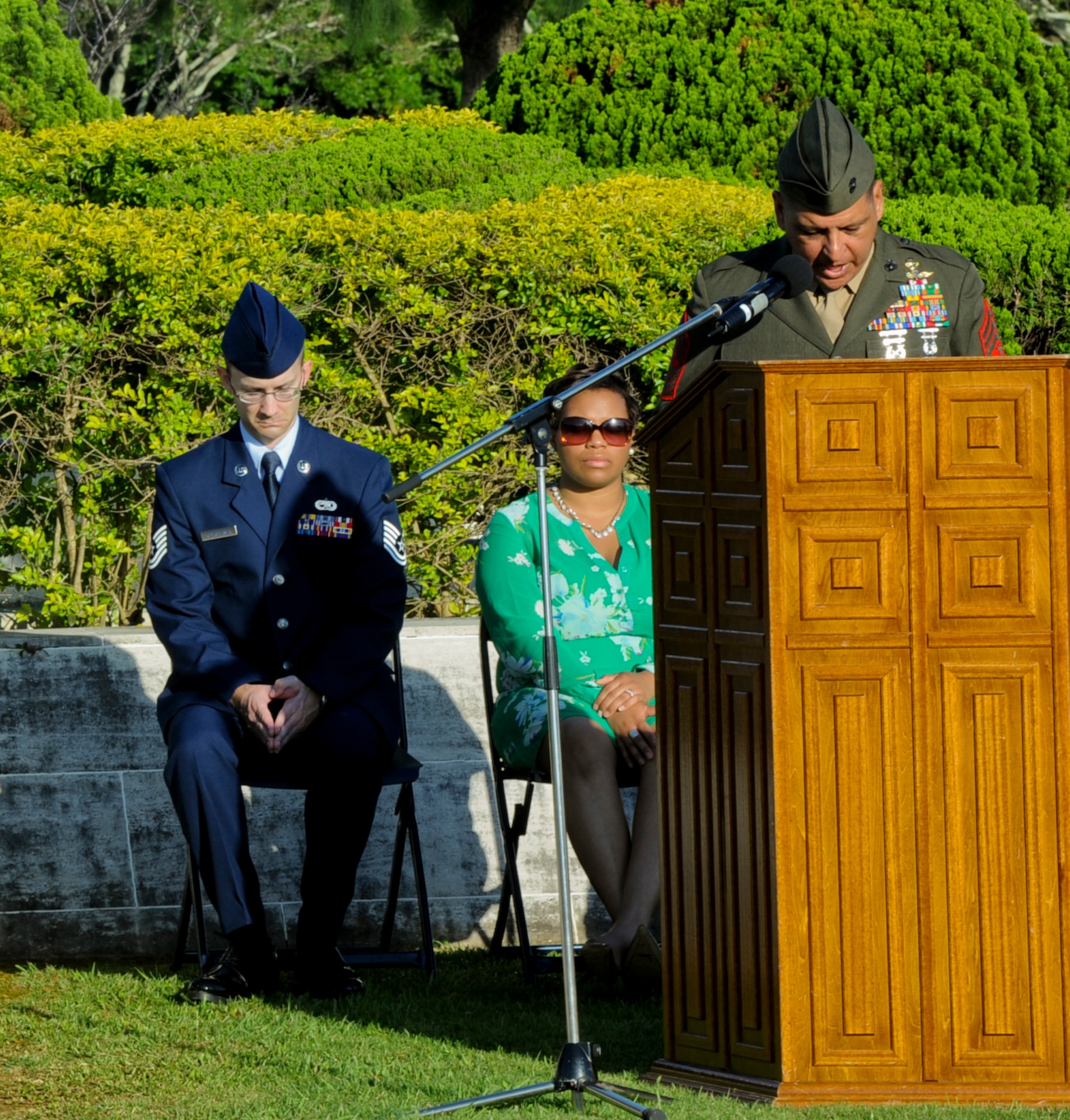 U.S. Marine Corps Sgt. Maj. Gonzalo Vasquez, 31st Marine Expeditionary Unit sergeant major, speaks about the importance of Memorial Day at the Memorial Day ceremony on Kadena Air Base, Japan, May 27, 2013. Memorial Day is a day of remembrance for the men and women who died while serving in the U.S. Armed Forces. (U.S. Air Force photo by Airman 1st Class Justin Veazie/Released)