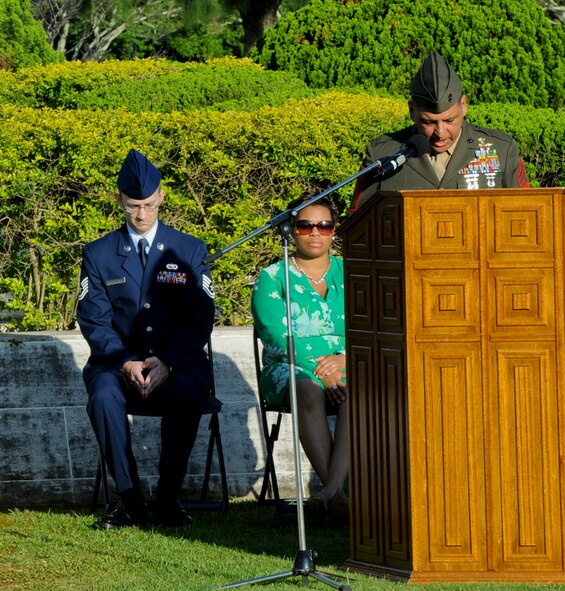 U.S. Marine Corps Sgt. Maj. Gonzalo Vasquez, 31st Marine Expeditionary Unit sergeant major, speaks about the importance of Memorial Day at the Memorial Day ceremony on Kadena Air Base, Japan, May 27, 2013. Memorial Day is a day of remembrance for the men and women who died while serving in the U.S. Armed Forces. (U.S. Air Force photo by Airman 1st Class Justin Veazie/Released)