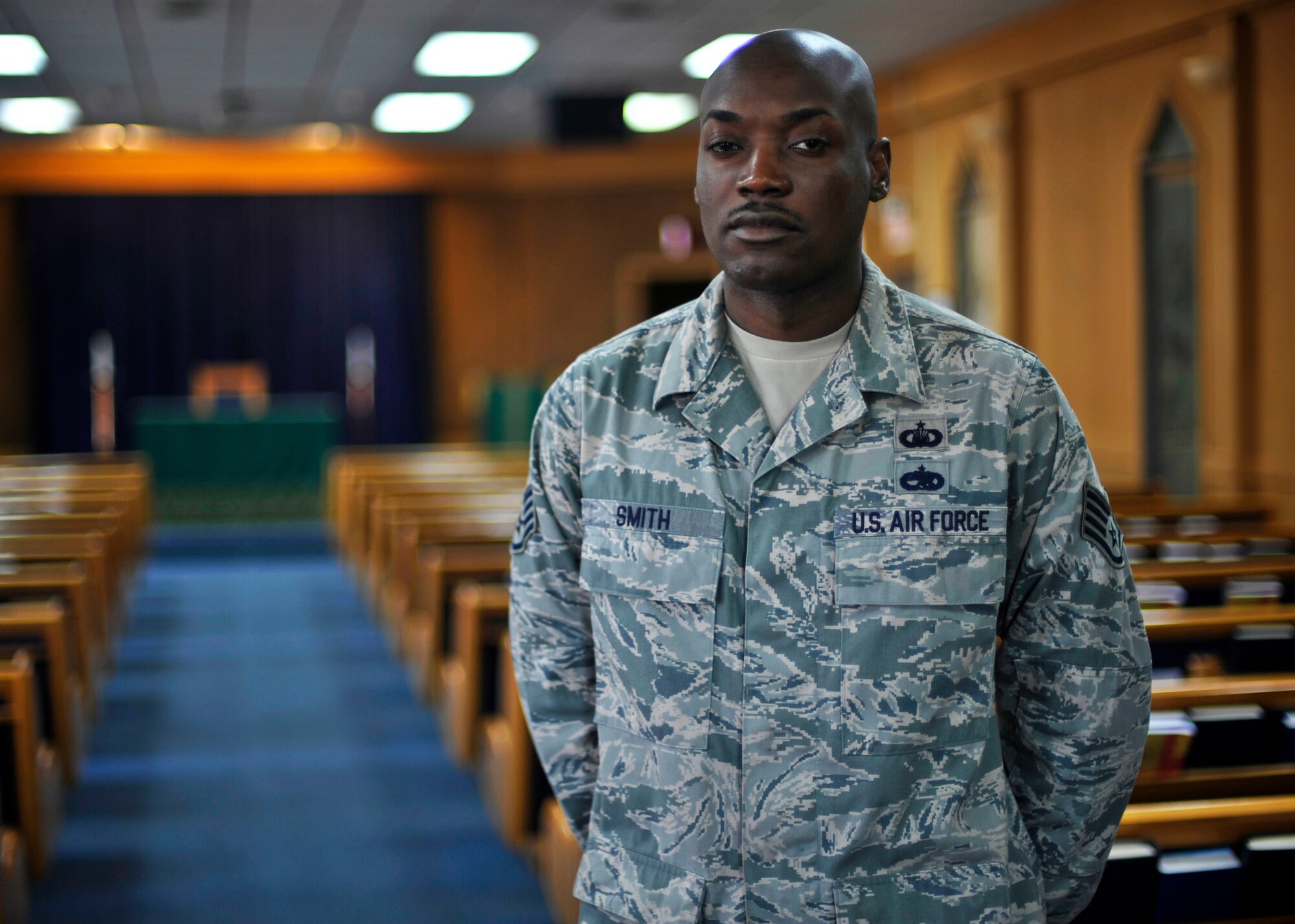 Staff Sgt. Terrell Smith, 51st Fighter Wing Chapel resource management NCO in charge, poses for a photo at the Chapel at Osan Air Base, Republic of Korea, May 21, 2013. Smith is this week’s Airman Spotlight winner. (U.S. Air Force photo/Senior Airman Siuta B. Ika)
