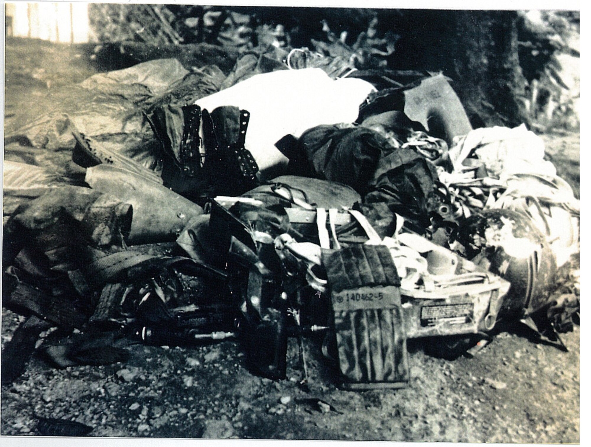 Equipment gathered from the crash site of Capt. John Wayne Seuell's final flight rests near Yen Bai Airfield in North Vietnam. Seuell was flying with Lt. Col. James Fowler when their F-4D Phantom was shot down by an enemy surface-to-air missile June 6, 1972. (U.S. Air Force courtesy photo)