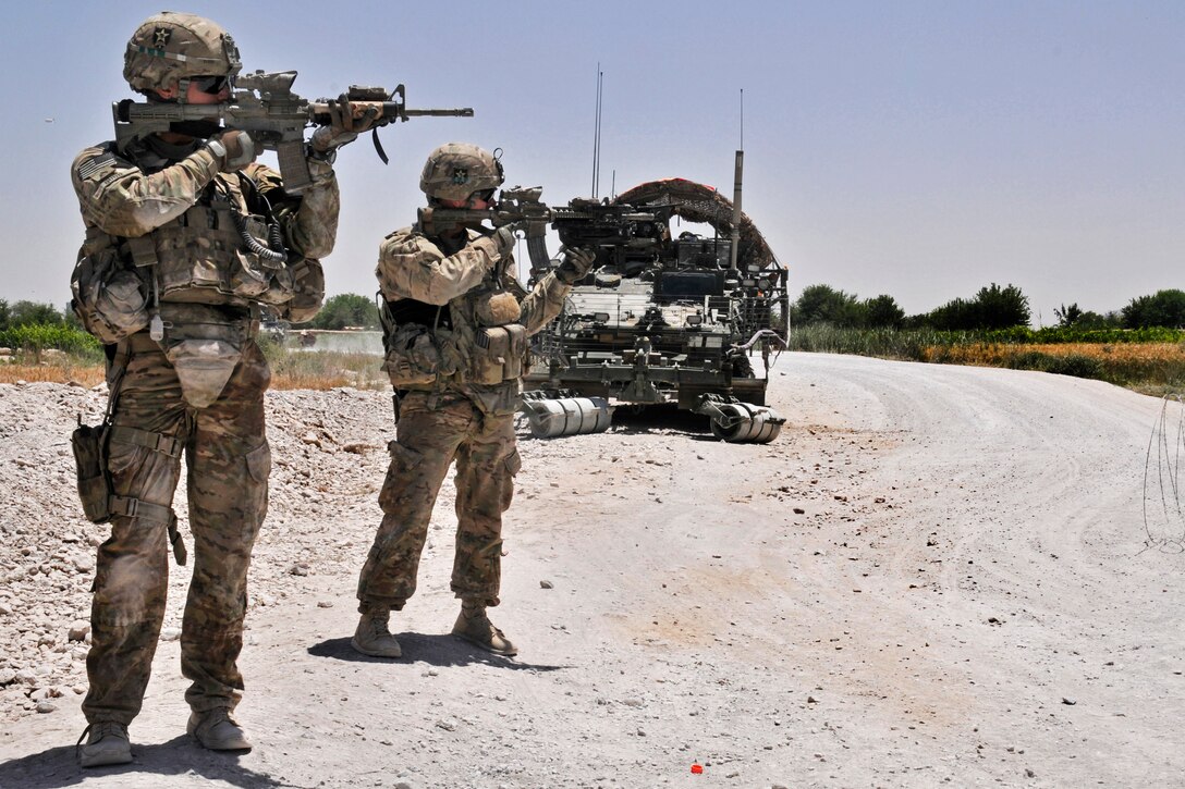 U.S. Army Staff Sgts. Matthew J. Bubb, left, and Jeremy N. Butler use the optic lenses on their weapons to scan rows of grapes after the unit received fire during a traffic control point in the Panjwai district in Afghanistan's Kandahar province, May 23, 2013. Bubb and Butler are assigned to 2nd Battalion, 23rd Infantry Regiment. 
