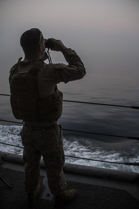 Marines with the 26th Marine Expeditionary Unit (MEU) provide security for the USS Carter Hall (LSD 50) from small boat attacks during a straits transit while at sea May 27, 2013. The 26th MEU is a Marine Air-Ground Task Force forward-deployed to the U.S. 5th Fleet area of responsibility aboard the Kearsarge Amphibious Ready Group serving as a sea-based, expeditionary crisis response force capable of conducting amphibious operations across the full range of military operations.
(U.S. Marine Corps photo by Cpl. Michael S. Lockett/Released)