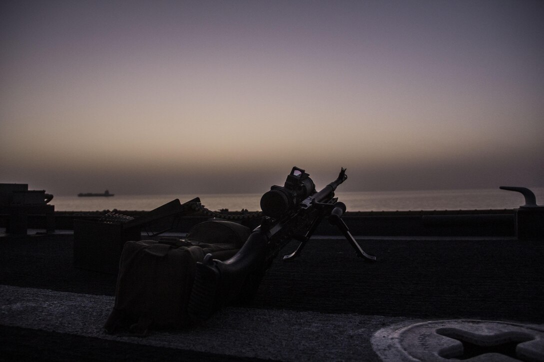 Marines with the 26th Marine Expeditionary Unit (MEU) provide security for the USS Carter Hall (LSD 50) from small boat attacks during a straits transit while at sea May 27, 2013. The 26th MEU is a Marine Air-Ground Task Force forward-deployed to the U.S. 5th Fleet area of responsibility aboard the Kearsarge Amphibious Ready Group serving as a sea-based, expeditionary crisis response force capable of conducting amphibious operations across the full range of military operations.
(U.S. Marine Corps photo by Cpl. Michael S. Lockett/Released)