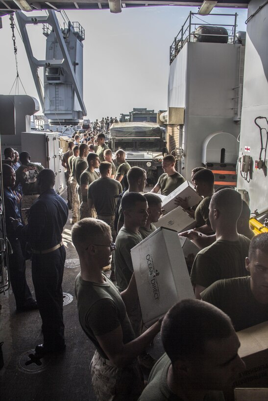 Marines and Sailors of the 26th Marine Expeditionary Unit (MEU) and Sailors of the USS Carter Hall (LSD 50) work together to complete a resupply at sea, May 28, 2013. The 26th MEU is a Marine Air-Ground Task Force forward-deployed to the U.S. 5th Fleet area of responsibility aboard the Kearsarge Amphibious Ready Group serving as a sea-based, expeditionary crisis response force capable of conducting amphibious operations across the full range of military operations.
(U.S. Marine Corps photo by Cpl. Michael S. Lockett/Released)

