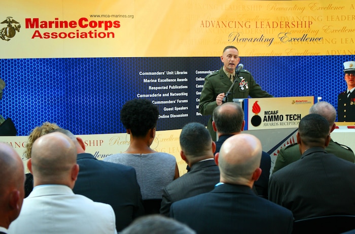 Brig. Gen. Frank Kelley, commander of Marine Corps Systems Command, speaks to more than 200 attendees at the 2012 Ammunition Awards Program Reception May 22 at the National Museum of the Marine Corps in Triangle, Va. MCSC’s Program Management office for Ammunition co-hosted the event with the Marine Corps Association and Foundation, to recognize four Marines for their outstanding performance in the ammunition field. 