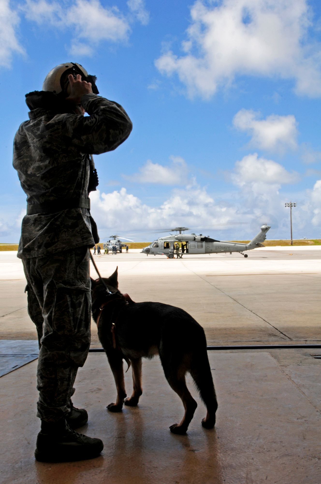 Staff Sgt. Kyle Stout, 36th Security Forces Squadron military working dog handler, puts on protective gear while waiting with Miki, 36th SFS, to board an MH-60S Seahawk helicopter May 23, 2013, on Andersen Air Force Base, Guam. With the help of U.S. Navy Helicopter Sea Combat Squadron 25, 36th SFS handlers train MWDs at least once a quarter on helicopter familiarization. (U.S. Air Force photo by Airman 1st Class Marianique Santos/Released)