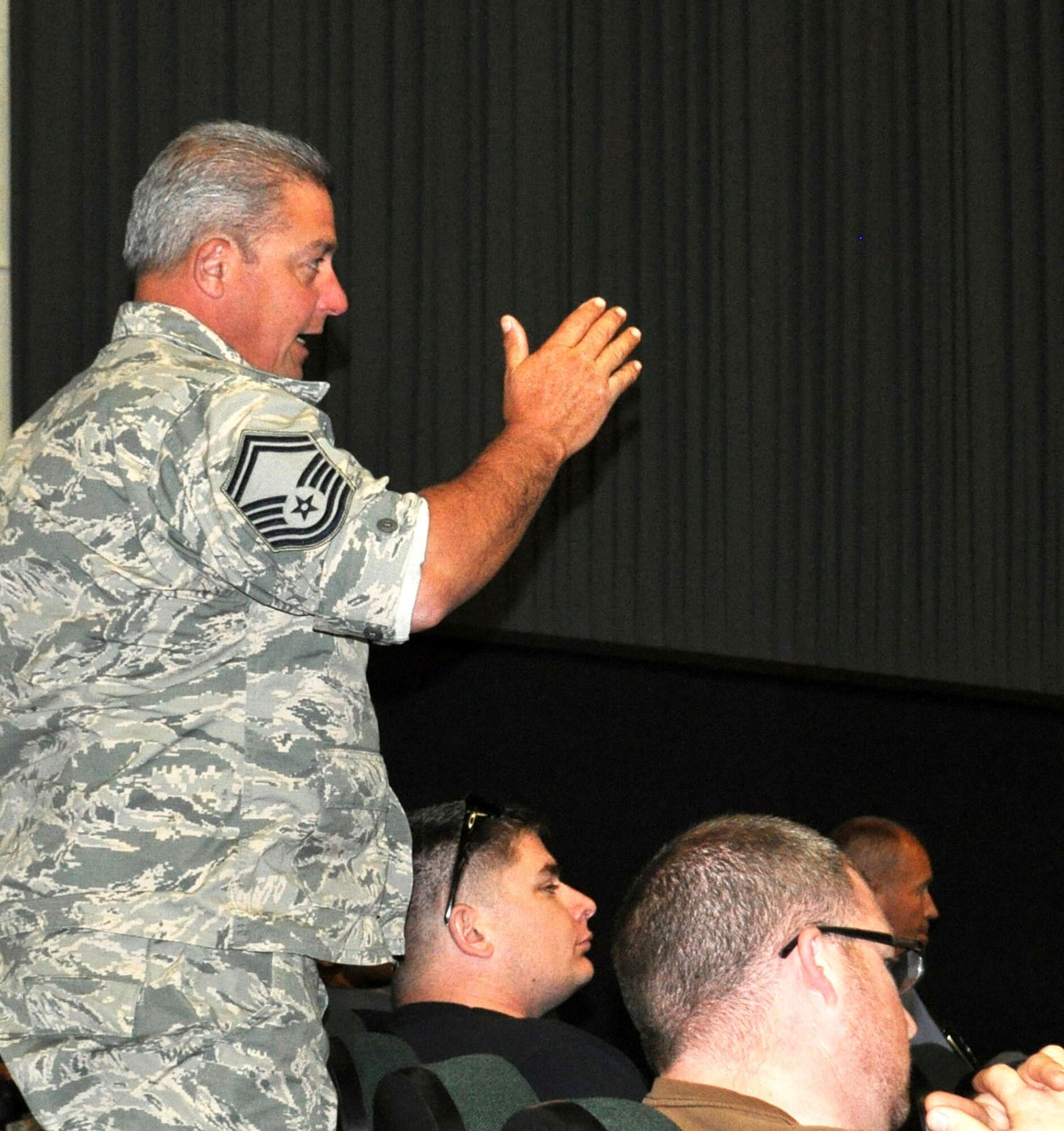 TRAVIS AIR FORCE BASE, Calif. -- Senior Master Sgt. Joe Bruno, 749th Aircraft Maintenance Squadron, asks a question during the May 23, 2013 Civilian Commander's Call at the 349th AMW here. Bruno is one of about 350 civilian employees of the wing facing 11 days of DoD mandated unpaid furlough in the wake of sequestration. Furlough will begin Mondays July 8, with some case-by-case exceptions to meet critical mission requirements. (U.S. Air Force photo/Ellen Hatfield)