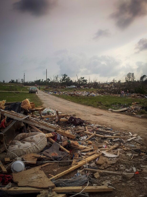 A neighborhood is destroyed in the wake of a devastating tornado at Little Axe, Okla., May 24, 2013. Members from the Laughlin Air Force Base, Texas, and the local community of Del Rio came together to send supplies to the affected region. (Courtesy photo) 