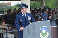 U.S. Air Force Brig. Gen. Robert D. LaBrutta speaks during the 502nd Air Base Wing and Joint Base San Antonio change of command ceremony May 29, 2013, at 9 a.m. at JBSA-Fort Sam Houston's MacArthur Parade Field. LaBrutta is the third commander of the 502nd ABW and JBSA, which provides installation support for JBSA-Fort Sam Houston, Lackland, Randolph and Camp Bullis.  JBSA is the largest joint base in the Department of Defense. His previous assignment was at U.S. Central Command, MacDill Air Force Base, Fla., where he was the director of  manpower and personnel. (U.S. Air Force Photo by Joel Martinez/Released)