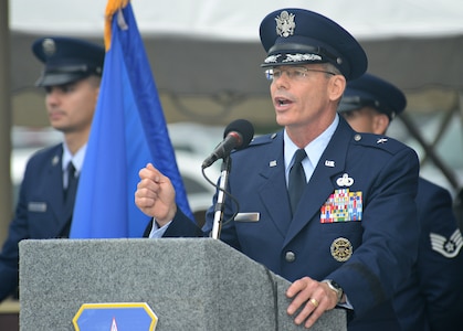 Brig. Gen. Robert D. LaBrutta gives his initial address during the 502nd Air Base Wing and Joint Base San Antonio change of command ceremony May 29, 2013, at 9 a.m. at JBSA-Fort Sam Houston's MacArthur Parade Field. LaBrutta is the third commander of the 502nd ABW and JBSA, which provides installation support for JBSA-Fort Sam Houston, Lackland, Randolph, and Camp Bullis. JBSA is the largest joint base in the Department of Defense. His previous assignment was at U.S. Central Command, MacDill Air Force Base, Fla., where he was the director of manpower and personnel. (U.S. Air Force photo by Benjamin Faske) (released)