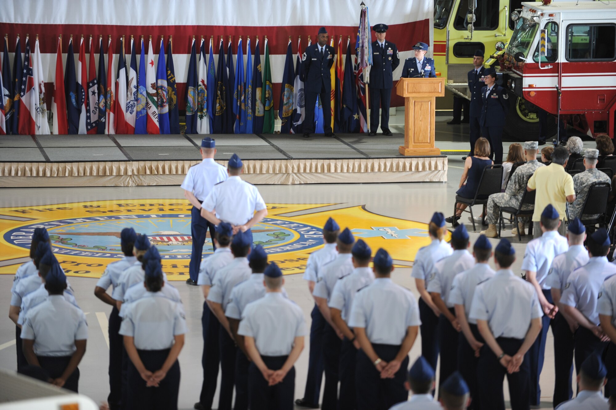 GOODFELOW AIR FORCE BASE, Texas - Col. Kimberlee Joos, 17th Training Wing Commander, addresses the wing and community leaders during the Change of Command ceremony at the Louis F. Garland Fire Academy high bay, May 29. Col. Joos is the 59th commander of the 17th TRW. (U.S. Air Force photo/ Staff Sgt. Laura R. McFarlane)