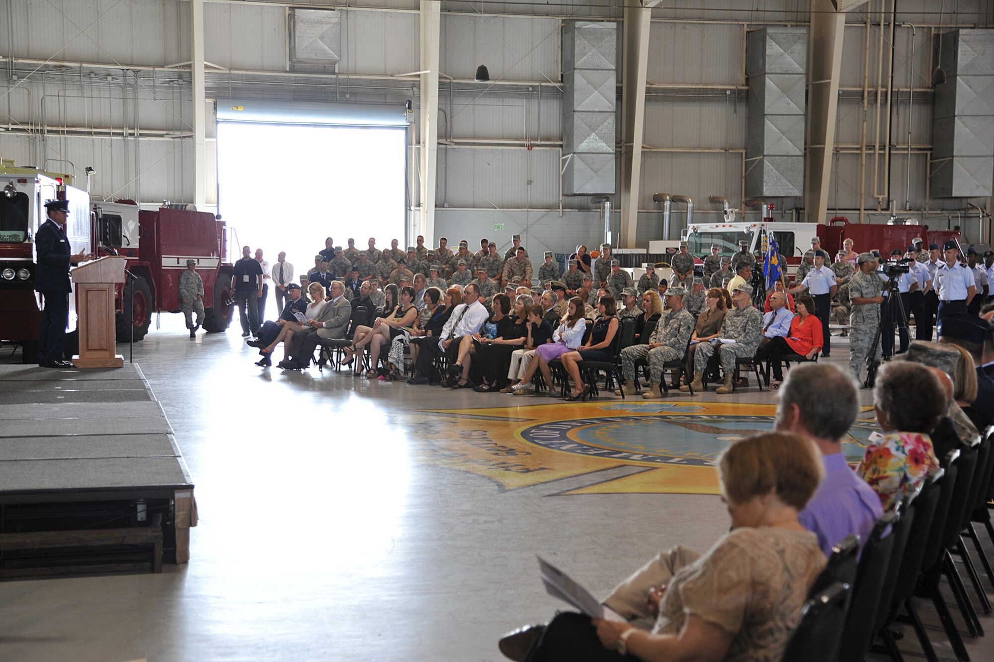 GOODFELLOW AIR FORCE BASE, Texas - Maj. Gen. Leonard Patrick, 2nd Air Force Commander, gives a speech during the 17th Training Wing Change of Command ceremony at the Louis F. Garland Fire Academy high bay, May 29. The ceremony commemorated Col. Mark Damiano relinquishing command of the 17th Training Wing to Col. Kimberlee Joos. (U.S. Air Force photo/ Senior Airman Michael Smith)