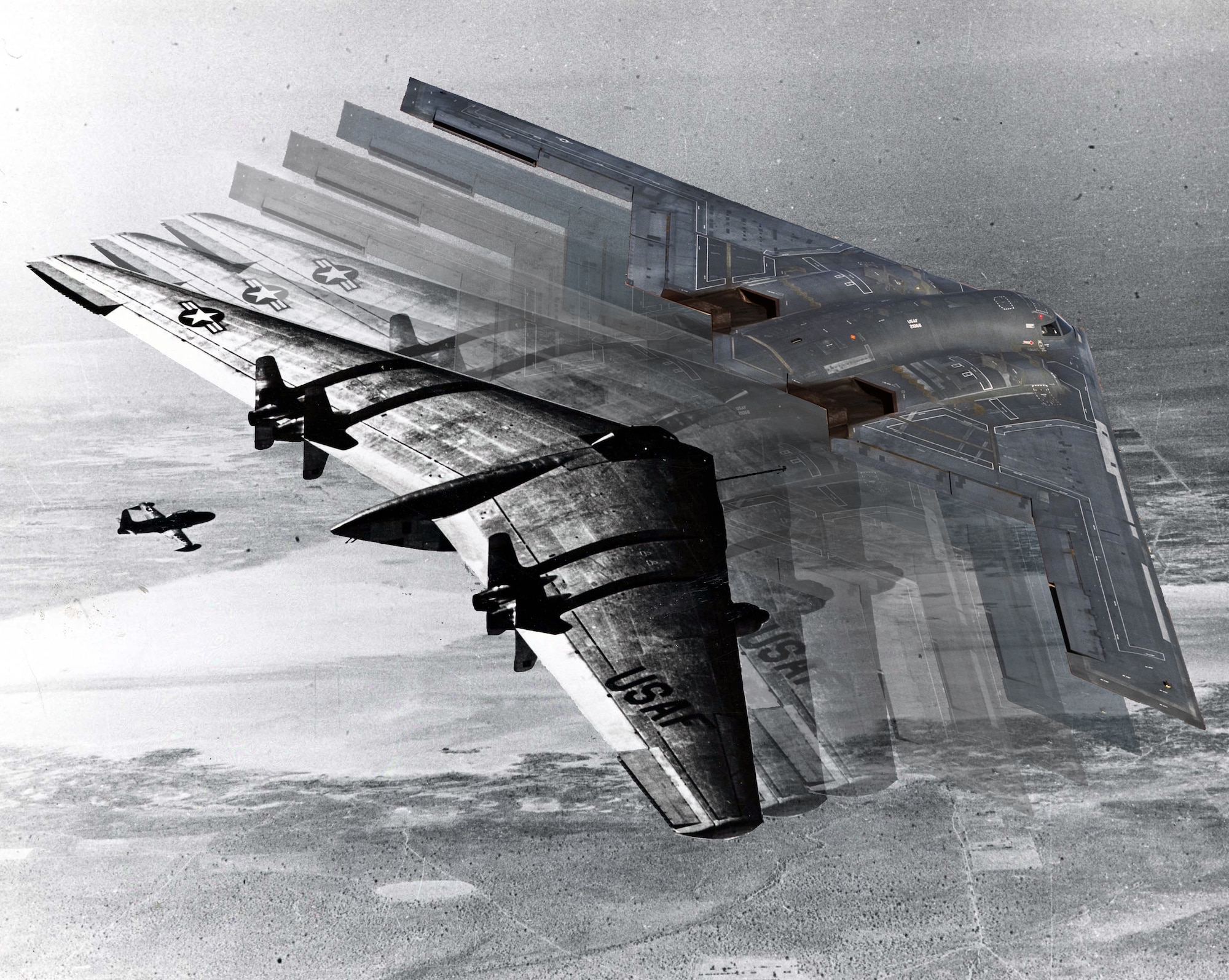 Artist’s rendition of a version of the YB-49 transforming into the B-2 Spirit. (U.S. Air Force Graphic by Jet Fabara)