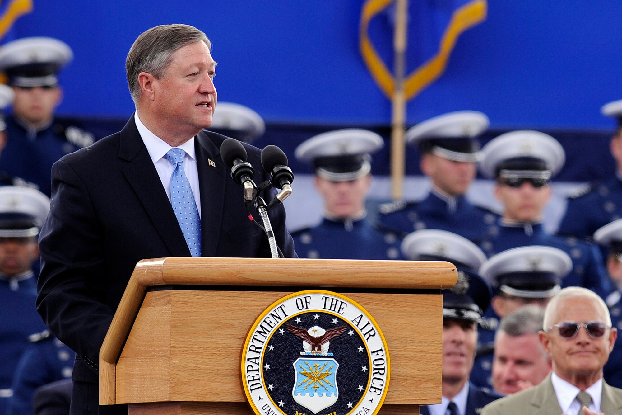 Secretary of the Air Force Michael B. Donley provides the commencement speech to the U.S. Air Force Academy's Graduating Class of 2013 at the Academy's Falcon Stadium in Colorado Springs, Colo. May 29, 2013.  1,024 graduates will be commissioned today.  (U.S. Air Force Photo by Mike Kaplan/Released)