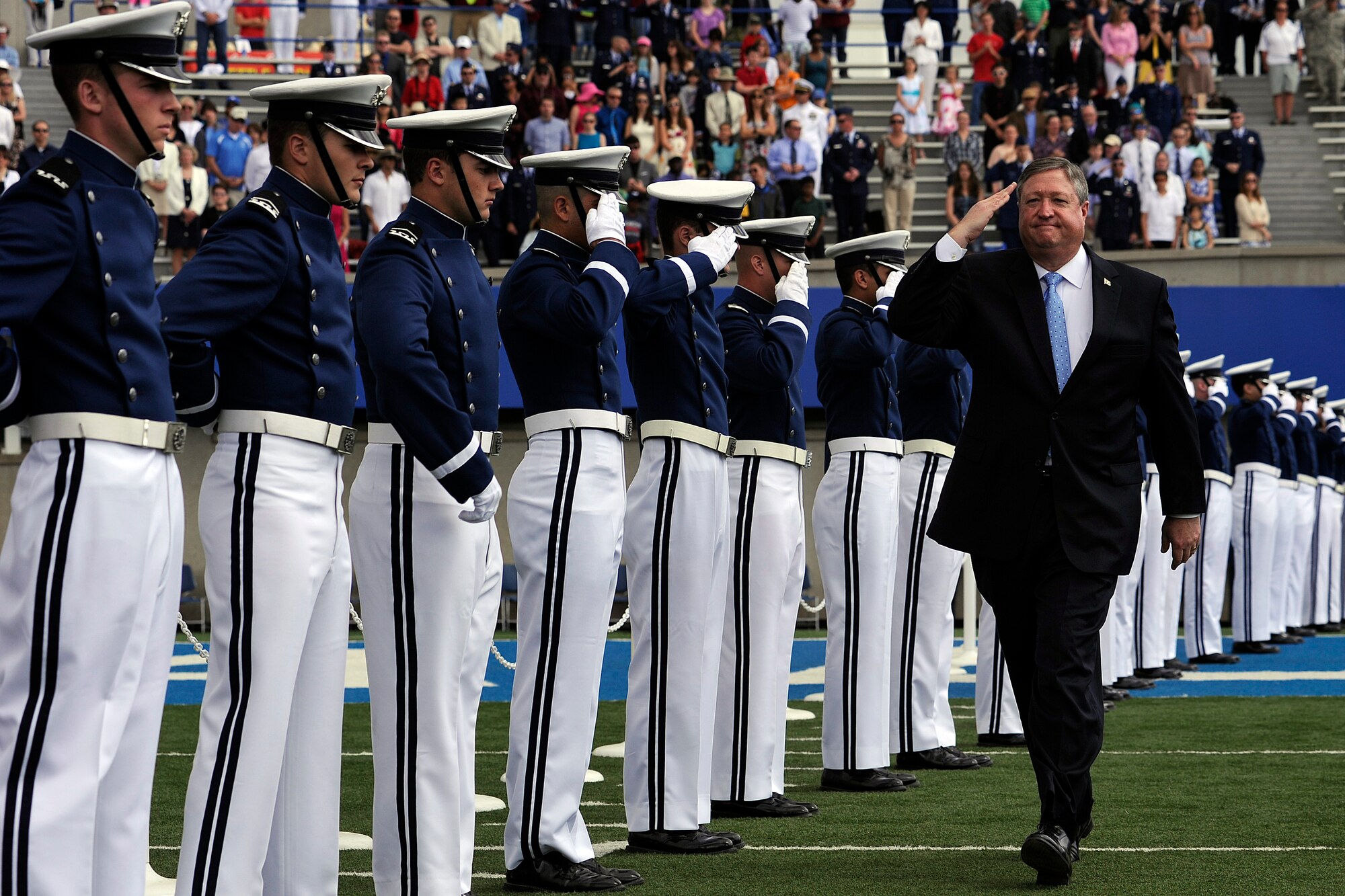Secretary of the Air Force Michael B. Donley enters the U.S. Air Force Academy's Falcon Stadium for the Class of 2013 Commencement Ceremony in Colorado Springs, Colo. May 29, 2013.  1,024 graduates will be commissioned today.  (U.S. Air Force Photo by Mike Kaplan/Released)