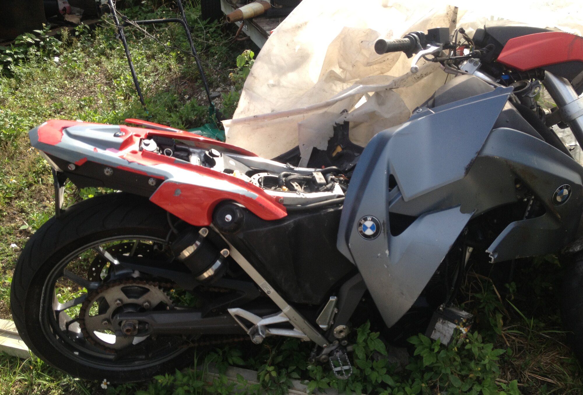 Tech. Sgt. John Griffin's motorcycle after his motorcycle accident. Among his many injuries, Griffin suffered a shattered left elbow, a fractured left shoulder blade, and two fractures on his lower back as a result of the accident in April. Both Griffin and his doctor credit his use of personal protective equipment for saving his life. Griffin is a traditional reservist with the 482nd Maintenance Squadron at Homestead ARB. (courtesy photo)