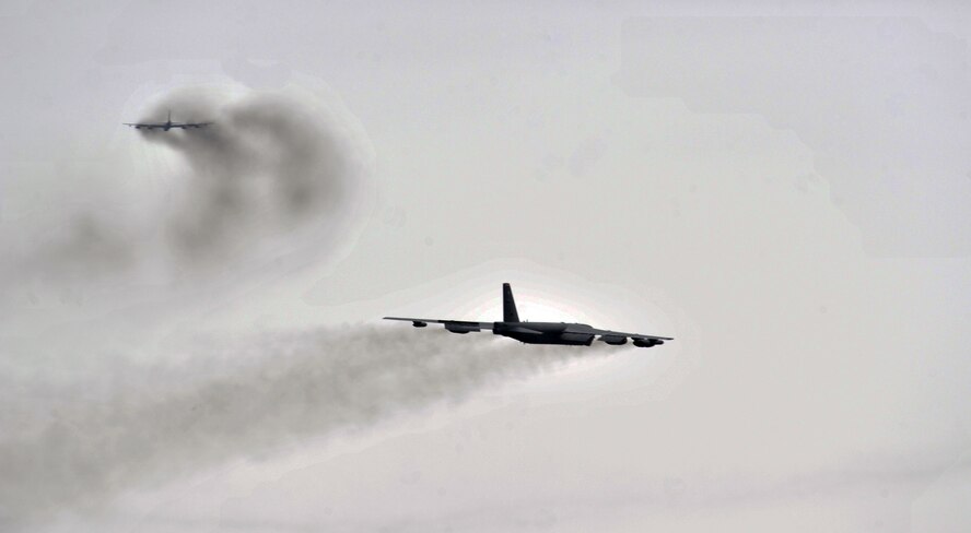 MINOT AIR FORCE BASE, N.D. – Two B-52H Stratofortresses take off during a training exercise here, May 21. Air Force Global Strike Command routinely conducts training operations and exercises to ensure its forces can perform their mission when called upon at any time.  (U.S. Air Force photo/Senior Airman Brittany Y. Auld)