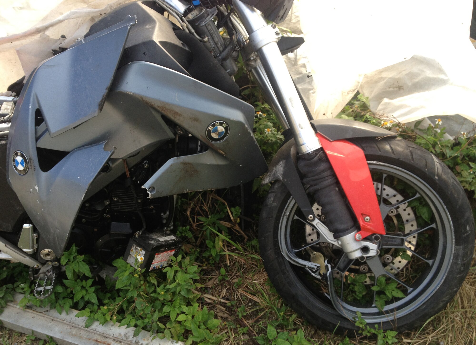 Tech. Sgt. John Griffin's motorcycle after his motorcycle accident. Among his many injuries, Griffin suffered a shattered left elbow, a fractured left shoulder blade, and two fractures on his lower back as a result of the accident in April. Both Griffin and his doctor credit his use of personal protective equipment for saving his life. Griffin is a traditional reservist with the 482nd Maintenance Squadron at Homestead ARB. (courtesy photo)