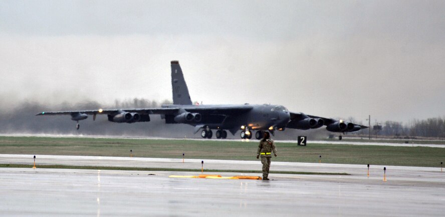 MINOT AIR FORCE BASE, N.D. -- A B-52H Stratofortress taxies onto the runway during a training exercise here, May 21. Air Force Global Strike Command routinely conducts training operations and exercises to ensure its forces can perform their mission when called upon at any time. (U.S. Air Force photo/Senior Airman Brittany Y. Auld)