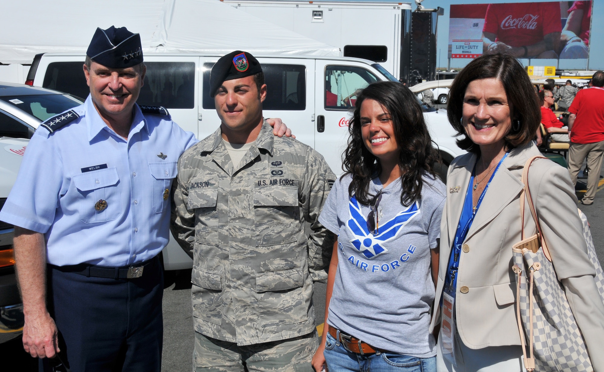 Chief of Staff of the U.S. Air Force, General Mark A. Welsh III, his wife Betty talked with Senior Airman Kevin Jackson and his wife Maceny at the Coca Cola 600 at the Charlotte Motor Speedway, Concord, N.C., May 26, 2013. Talbert was one of 43 service members from Fort Bragg and Pope Field, N.C. who were given VIP treatment at the race.  Jackson is assigned to the 14th Air Support Operations Squadron at Pope Field, N.C.  (US Air Force photo by Adam Luther, 440 AW/PA)