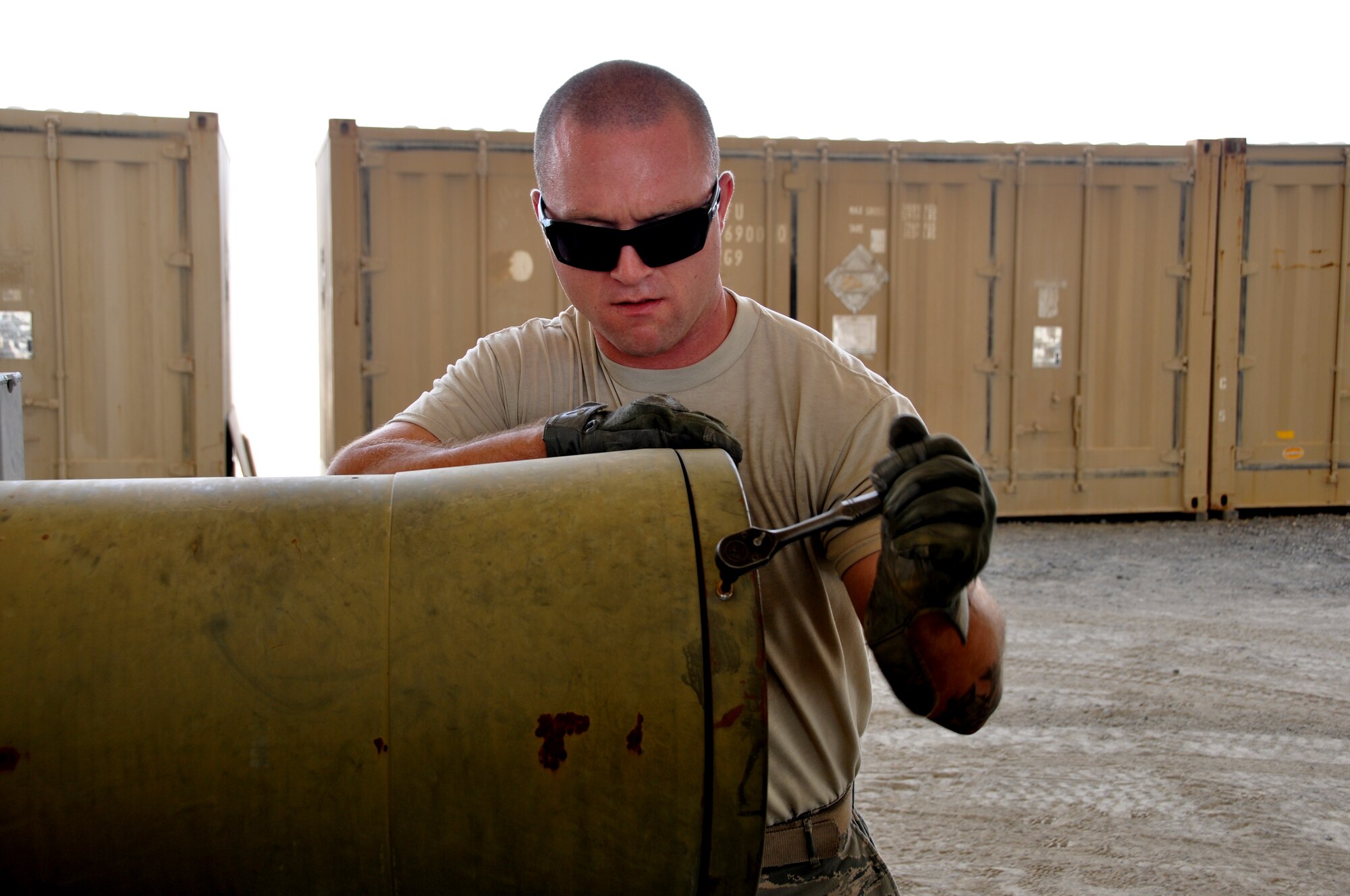 U.S. Air Force Staff Sgt. Michael Maley, 380th Expeditionary Maintenance Squadron conventional munitions maintenance crew chief, prepares the Guided Bomb Unit-28 for fin installation May 22, 2013. The GBU-28 is a 5,000 pound laser-guided conventional munition. Maley is an Apalachin, N.Y., native and is deployed from Mountain Home Air Force Base, Idaho. (U.S. Air Force photo by Staff Sgt. Timothy Boyer)