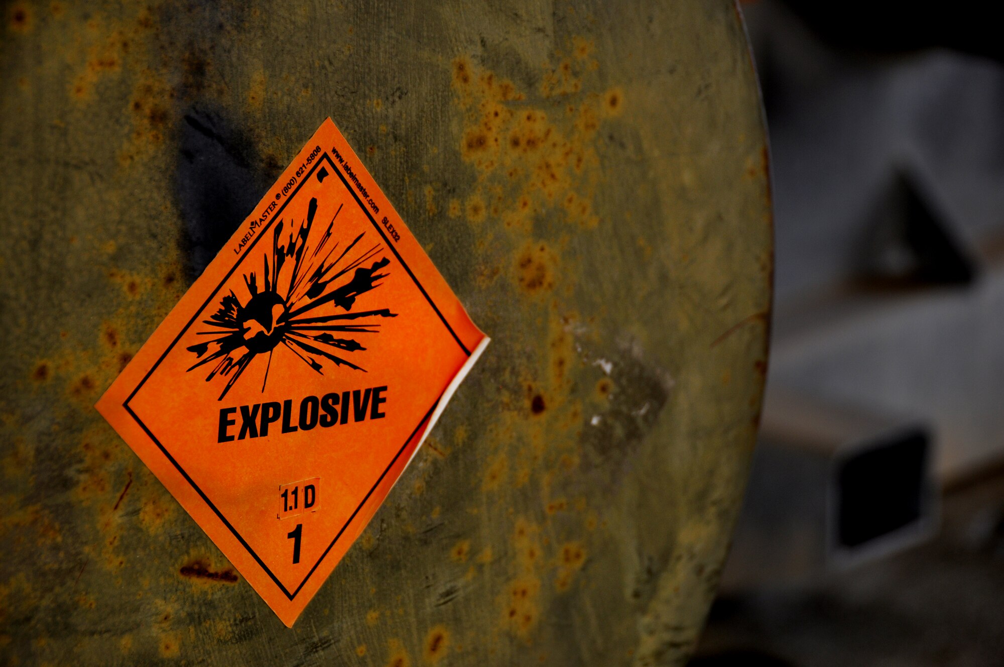 An explosive label marks a Guided Bomb Unit-28 on May 22, 2013, here. The GBU-28 is a 5,000 pound laser-guided conventional munition. (U.S. Air Force photo by Staff Sgt. Timothy Boyer)