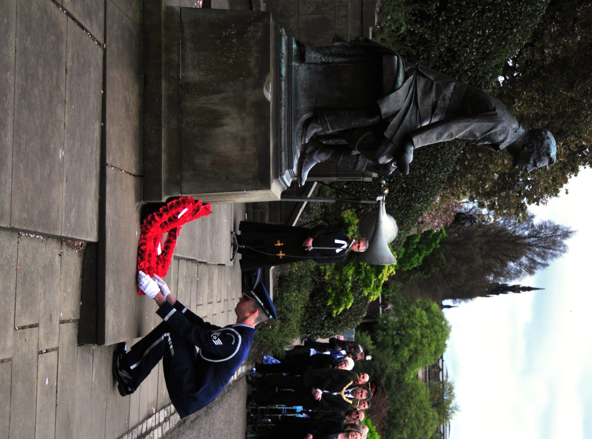 EDINBURGH, Scotland—Staff Sgt. Aaron Campbell, 48th Fighter Wing Honor Guard team leader lays a wreath during the 79th Scottish American Memorial Day Service May 27, 2013. The ceremony takes place in front of “The Call” war monument, which was funded by Scots-Americans in 1927 to commemorate the Scotsmen who lost their lives during World War I. (U.S. Air Force photo by 1st Lt. Lyndsey Horn)