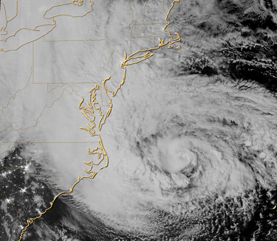 Hurricane Sandy approaches the Atlantic coast of the U.S. in the early morning hours of October 29, 2012. (NASA Earth Observatory image by Jesse Allen and Robert Simmon, using VIIRS Day-Night Band data from the Suomi National Polar-orbiting Partnership.) 