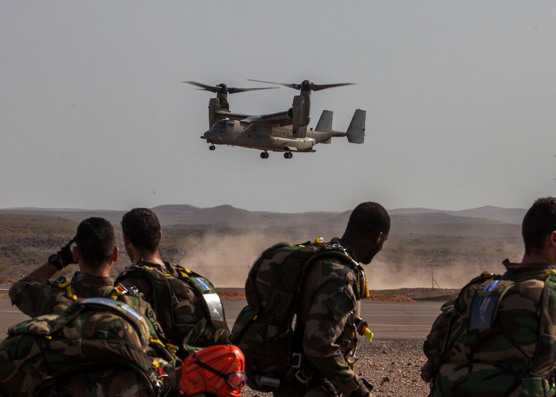 An MV-22B Osprey assigned to Marine Medium Tiltrotor Squadron (VMM) 266 (Reinforced), lands to transport 26th Marine Expeditionary Unit (MEU) Maritime Raid Force Marines and elements of the French Special Forces to conduct parachute operations in Djibouti, Africa, May 25, 2013. The 26th MEU is a Marine Air-Ground Task Force forward-deployed to the U.S. 5th Fleet area of responsibility aboard the Kearsarge Amphibious Ready Group serving as a sea-based, expeditionary crisis response force capable of conducting amphibious operations across the full  range of military operations. (U.S. Marine Corps photo by Sgt. Christopher Q. Stone, 26th MEU Combat Camera/Released)