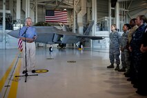 Defense Secretary Chuck Hagel addresses more than 200 service members from U.S. Pacific Command May 30, 2013, inside aircraft hangar 19 on Joint Base Pearl Harbor-Hickam, Hawaii. Hagel met with Pacific Command leaders before continuing to Singapore to speak at the Shangri-La Dialogue. As a senator, Hagel co-founded of the Shangri-La Dialogue, which began in 2002. This return visit to the dialogue will be his first as secretary of defense. The annual conference draws defense and security experts from across the Asia-Pacific region. Hagel's travels will wrap up with a gathering of defense ministers at NATO headquarters in Brussels. (Department of Defense photo by U.S. Air Force Tech. Sgt. Michael R. Holzworth/Released)




