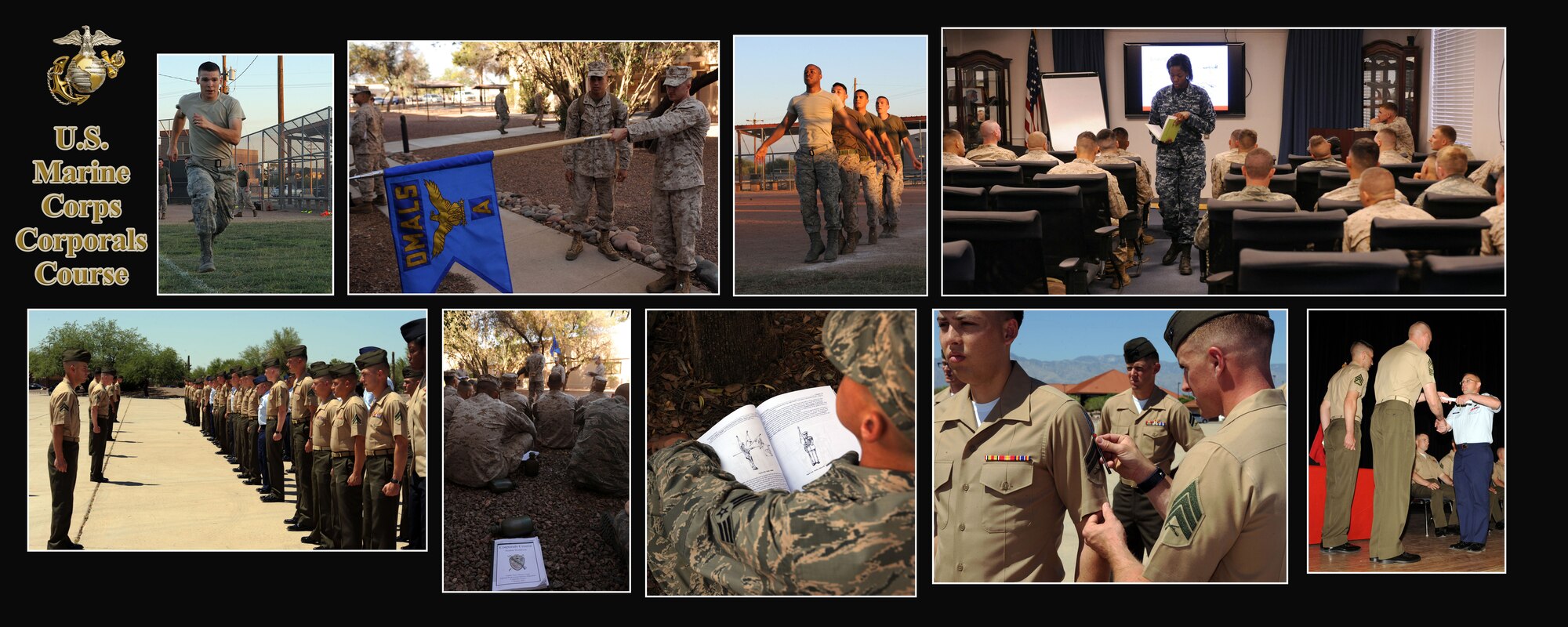 The U.S. Marine Corps Corporals Leadership Course opened its door to service members from both the U.S. Air Force and U.S. Navy at Davis-Monthan Air Force Base, Ariz., May 11-25, 2013. The two-week course is designed to equip new, or soon-to-be, noncommissioned officers with the tools and knowledge to effectively lead their troops, no matter the service. (U.S. Air Force photo by Senior Airman Timothy Moore/Released)